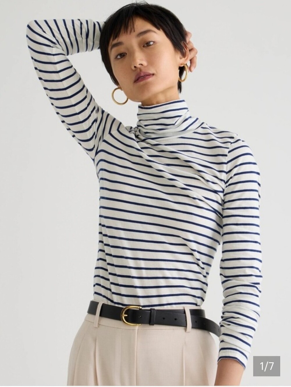 J. Crew White and Navy Striped Turtleneck Long Sleeve Top